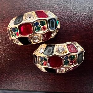 Red, Green, blue and Black Dome Clip-On Earrings with Mosaic Pattern